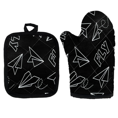 Paper Airplane & Fly Black Kitchen Glove & Holder aviation design on durable fabric with insulated lining kitchen glove holder.