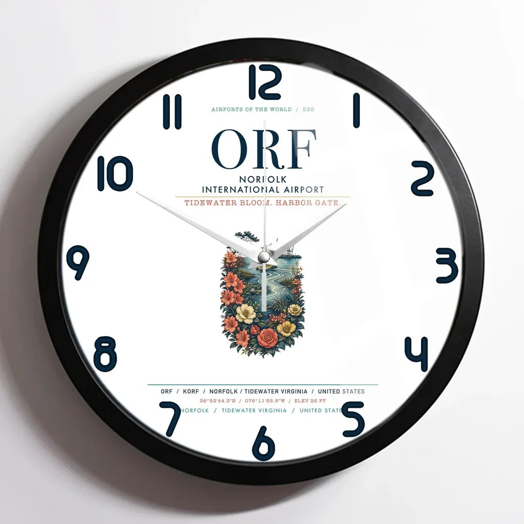 Norfolk International Airport (ORF) design on white framed wall clock