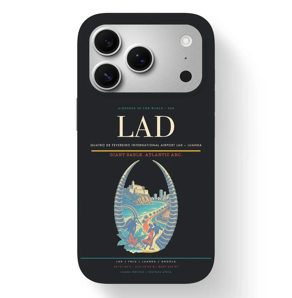 Luanda Airport (LAD) design on black iPhone 17 Pro MagSafe case