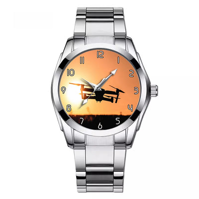 Amazing Drone in Sunset aviation watch with stainless steel band, stainless steel body with engraved detail.