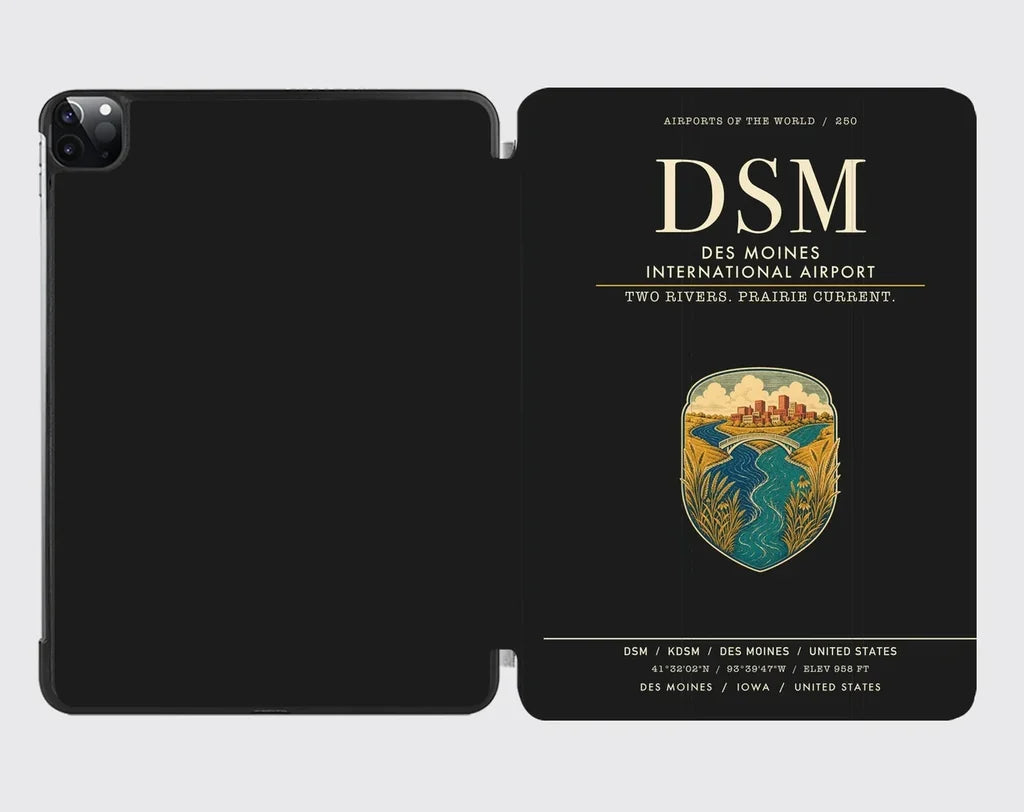 Des Moines International Airport (DSM) design on black ipad tablet case