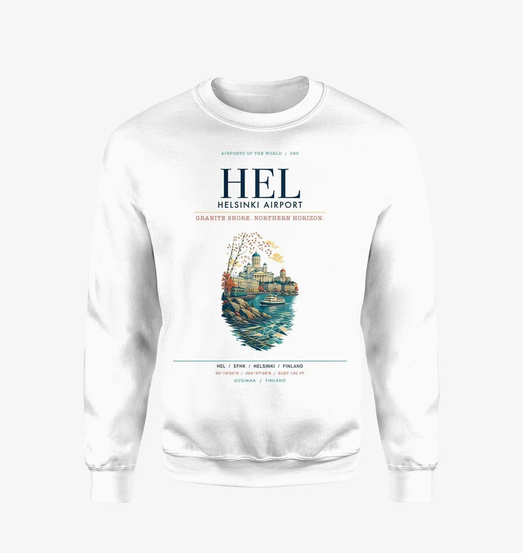 Helsinki Airport (HEL) design on white sweatshirt