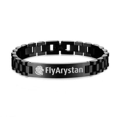 FlyArystan aviation chain bracelet, stainless steel body with engraved detail.