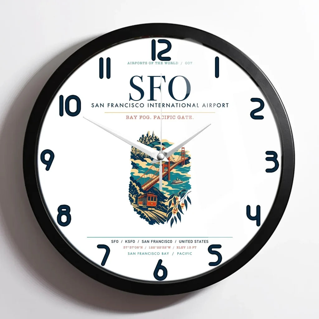 San Francisco International Airport (SFO) design on white framed wall clock