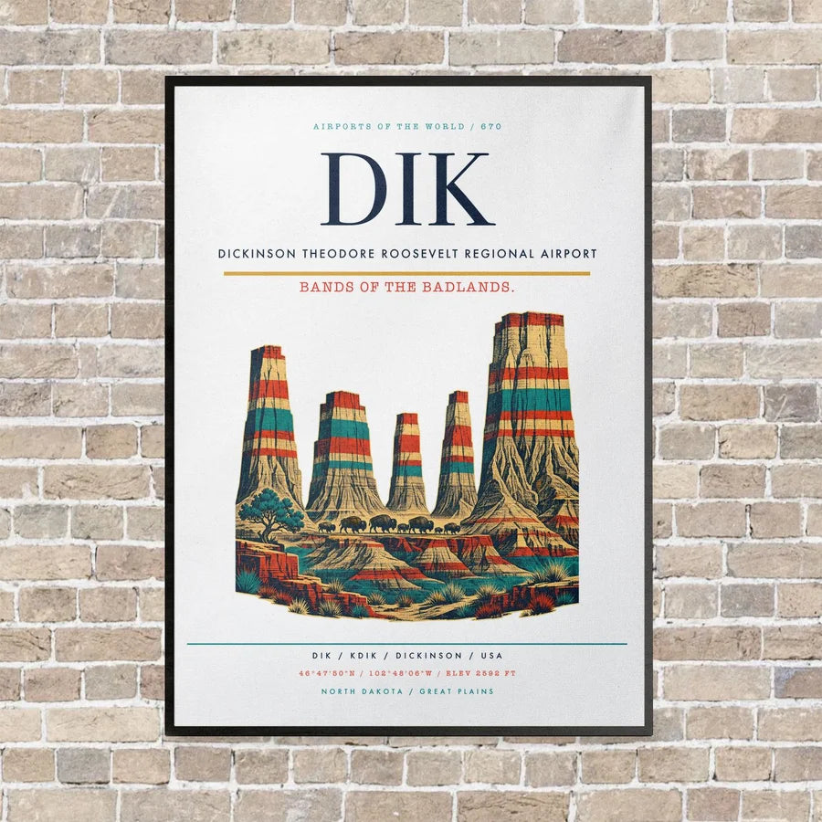 Dickinson Theodore Roosevelt Regional Airport DIK vertical canvas print - framed - white background