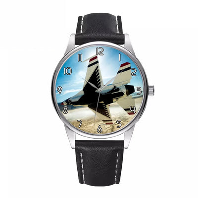 Turning Right Fighter Jet 16 aviation-themed watch with leather strap, polished leather strap.