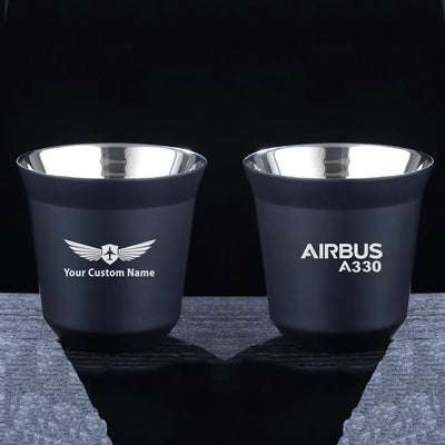 Airbus A330 & Text aviation design on double-wall coffee mug, vacuum-insulated double-wall.