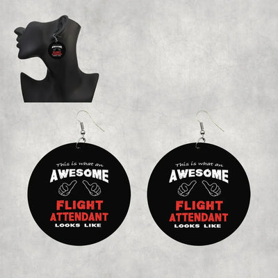 Flight Attendant aviation-themed drop earrings, polished wood with metal hooks.