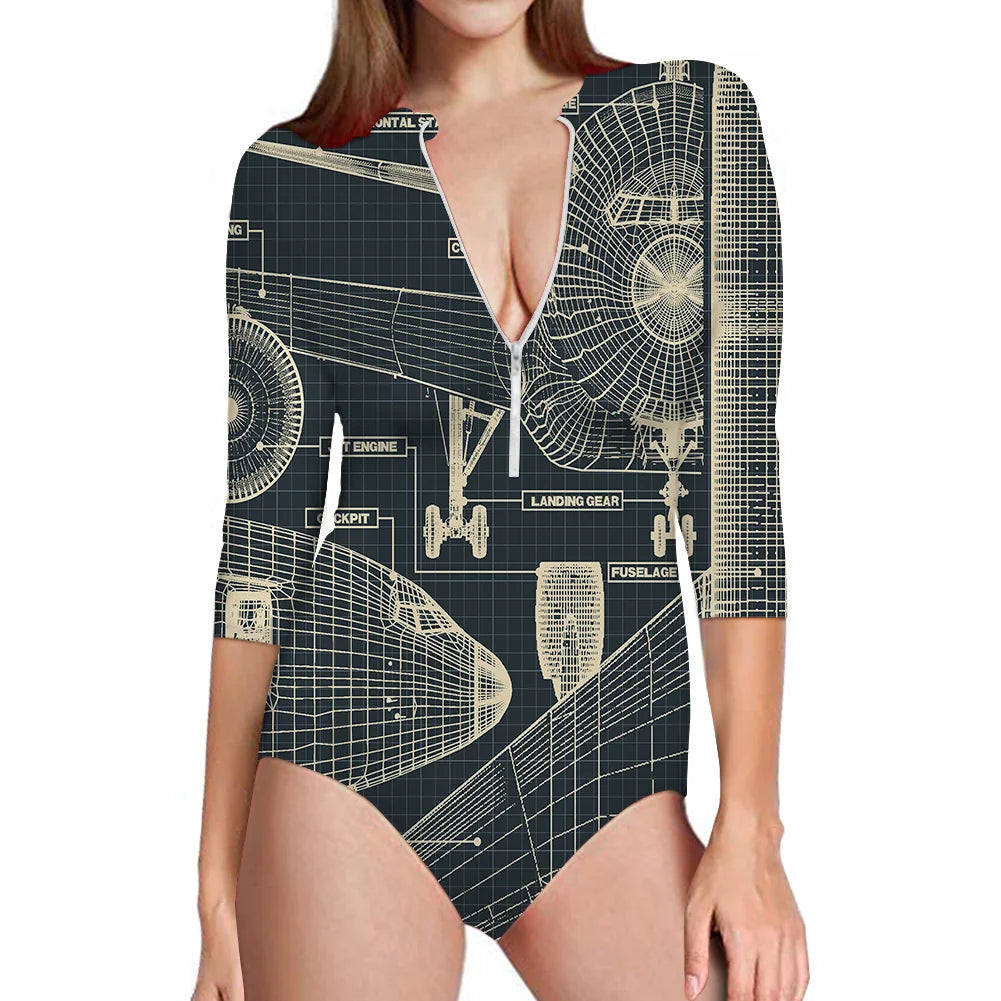 Airplanes Fuselage & Details aviation design on stretch swim fabric deep-V swim bodysuit.