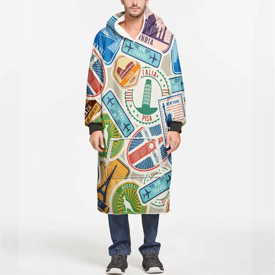 Travel aviation design on soft fleece blanket hoodie.