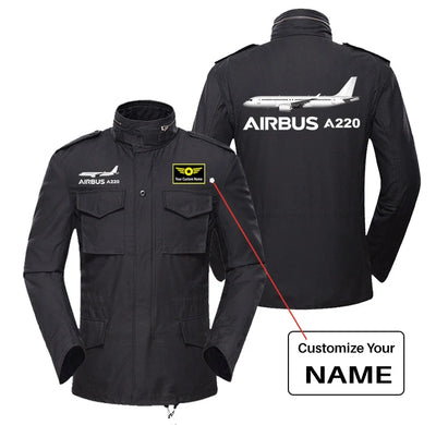 The Airbus A220 aviation design printed on heavy cotton coat with field details military coat.