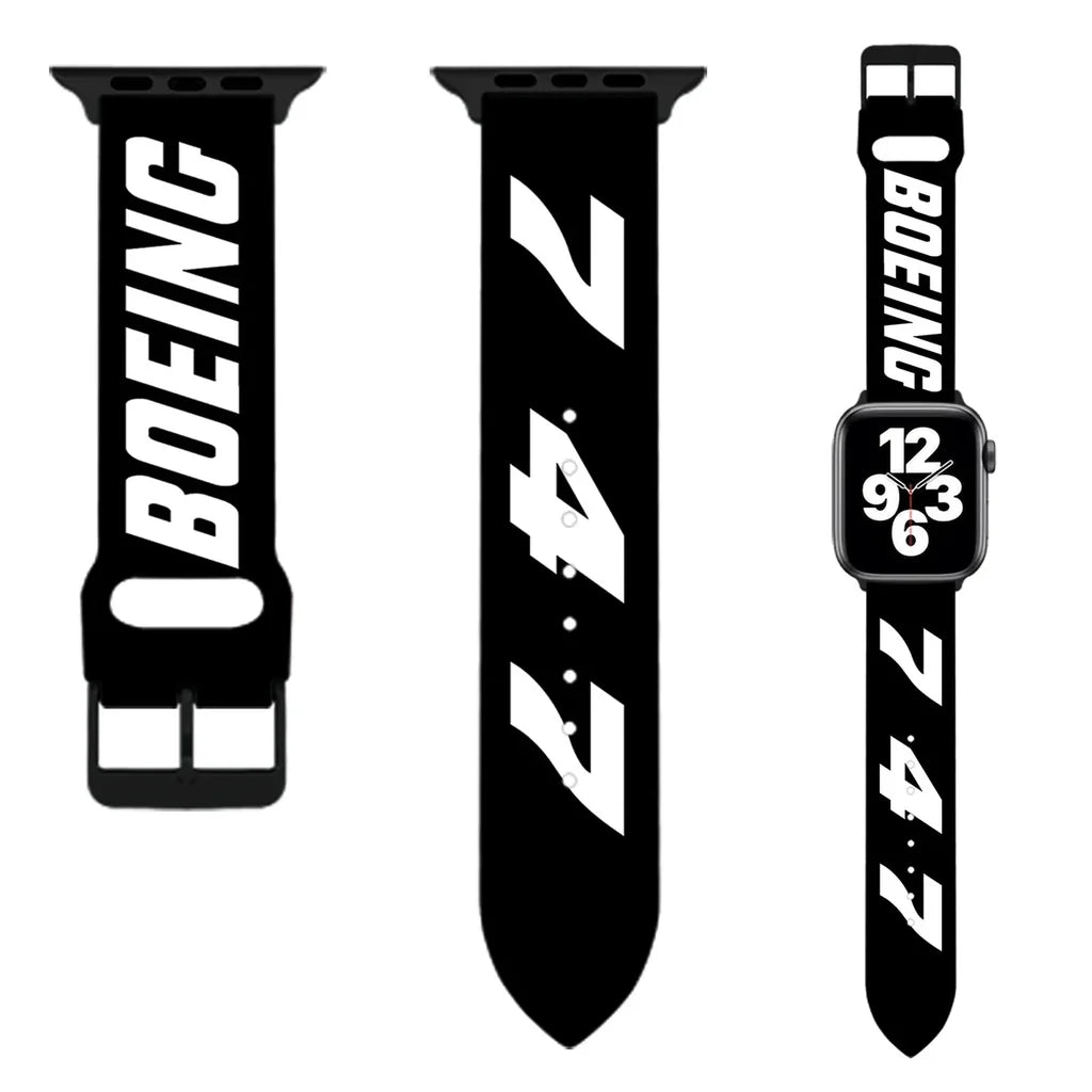 Side view of Boeing 747 Flat Text aviation Apple Watch band in soft silicone, polished finish.