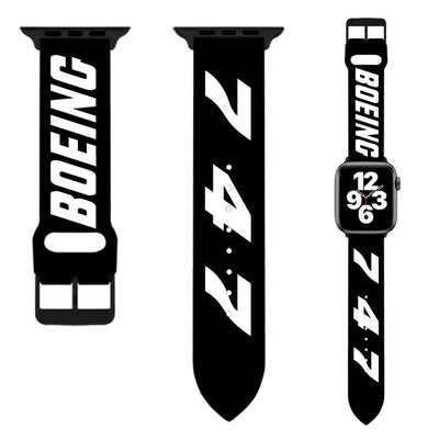 Side view of Boeing 747 Flat Text aviation Apple Watch band in soft silicone, polished finish.