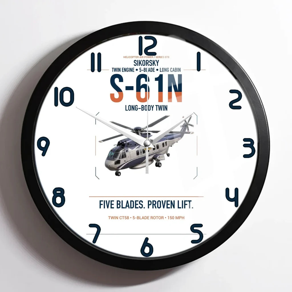 Sikorsky S-61N design on white framed wall clock