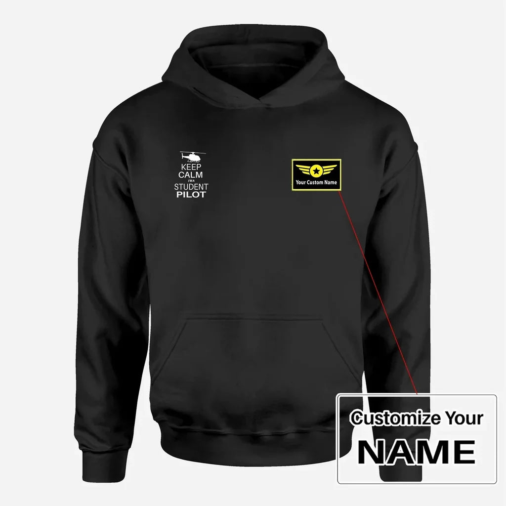 Student Pilot (Helicopter) aviation design on soft cotton blend men's hoodie with small chest logo.