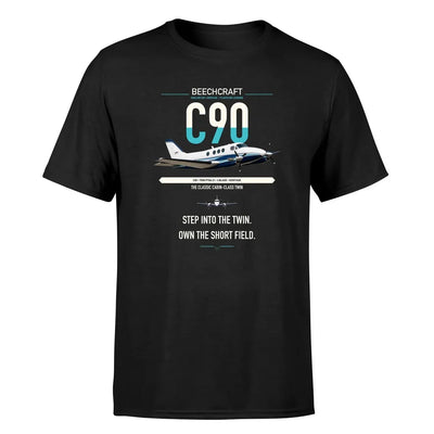 Beechcraft King Air C90 design on black t-shirt, single-side print