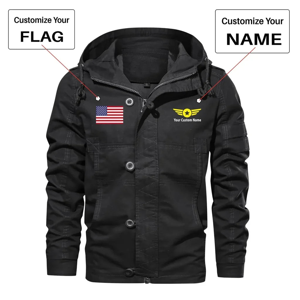 Custom Flag & Name "Badge 4" aviation design printed on heavy cotton shell with classic fit cotton jacket.
