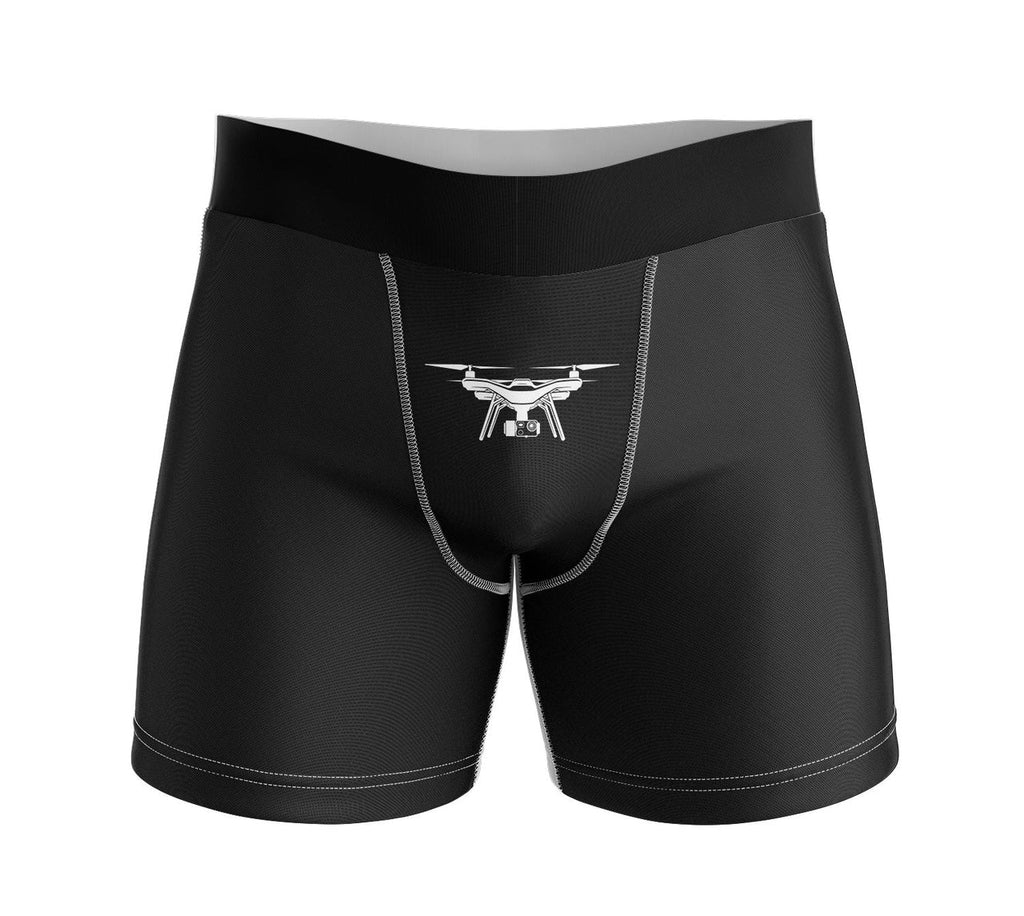 Drone Silhouette aviation design on soft cotton blend men's boxers.