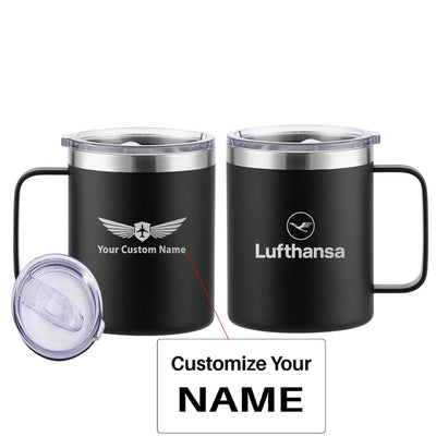 Lufthansa Airlines aviation design on laser-engraved mug, permanent laser engraving on stainless.