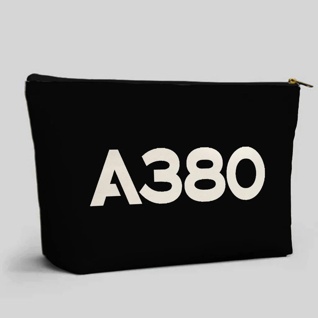 Airbus A380 Flat Text aviation design zipper pouch, durable polyester construction.