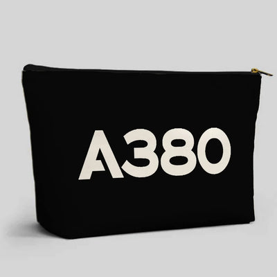 Airbus A380 Flat Text aviation design zipper pouch, durable polyester construction.