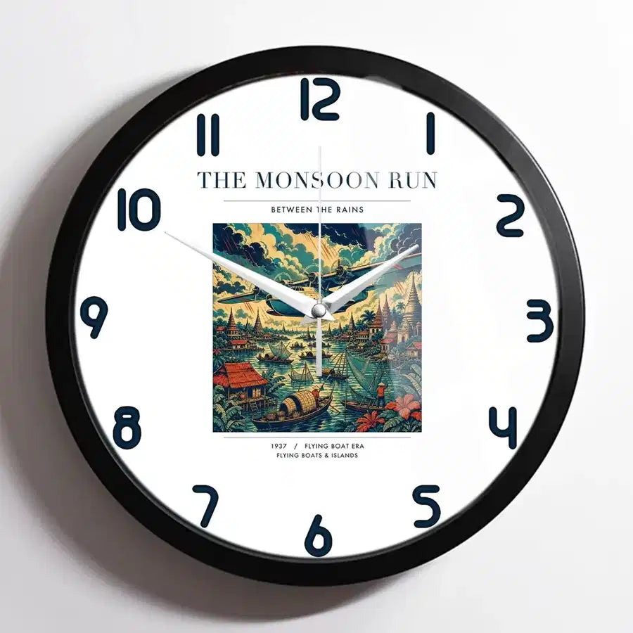 VINTAGE G4061 - The Monsoon Run - Designed Wall Clocks design on white framed
