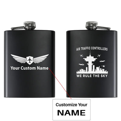 Air Traffic Controllers - We Rule The Sky aviation design on stainless hip flask, compact pocket-size flask.