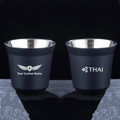 Thai Airways aviation design on double-wall coffee mug, vacuum-insulated double-wall.
