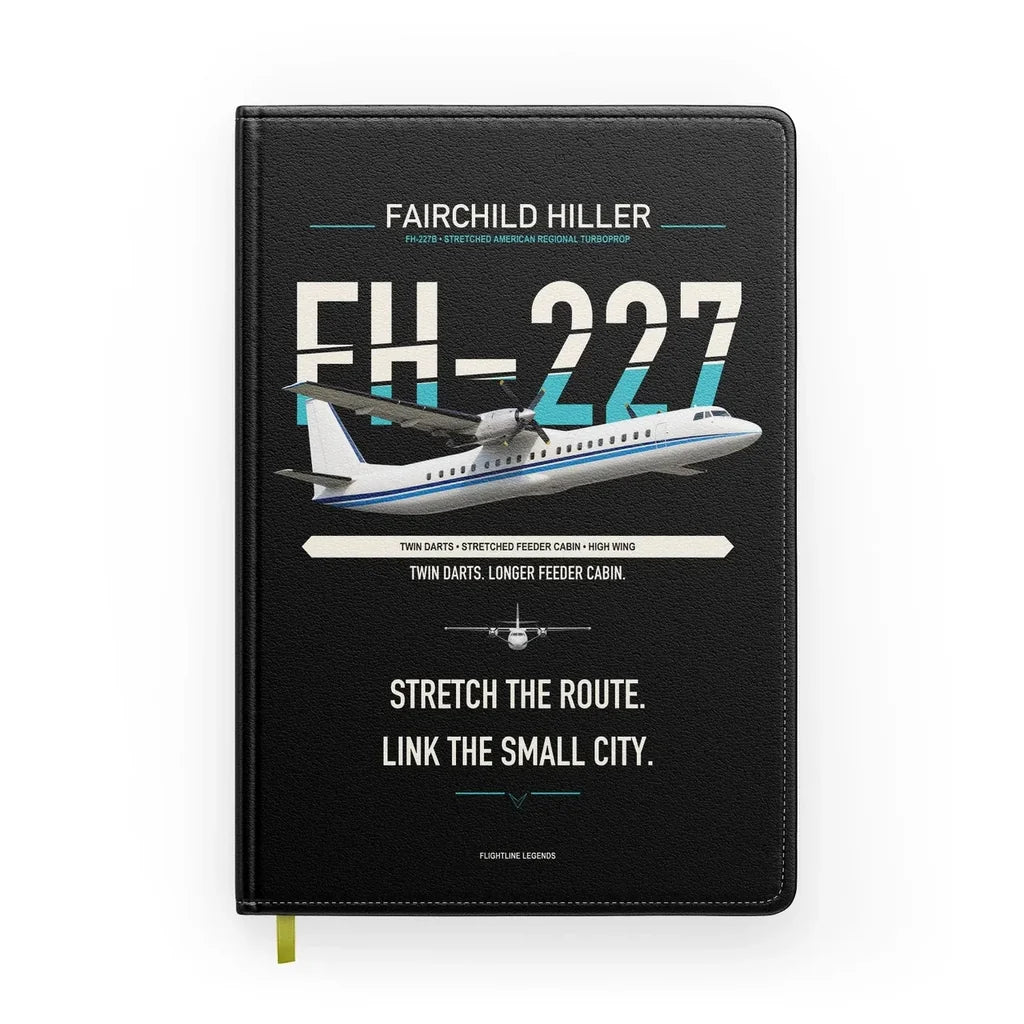 Fairchild Hiller FH-227B design on black notebook