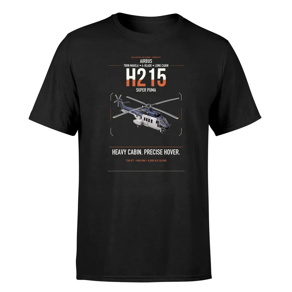 Airbus H215 design on black t-shirt, single-side print