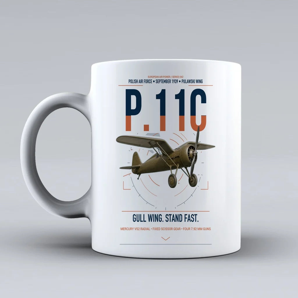 PZL P.11c design on white ceramic mug, double-side print