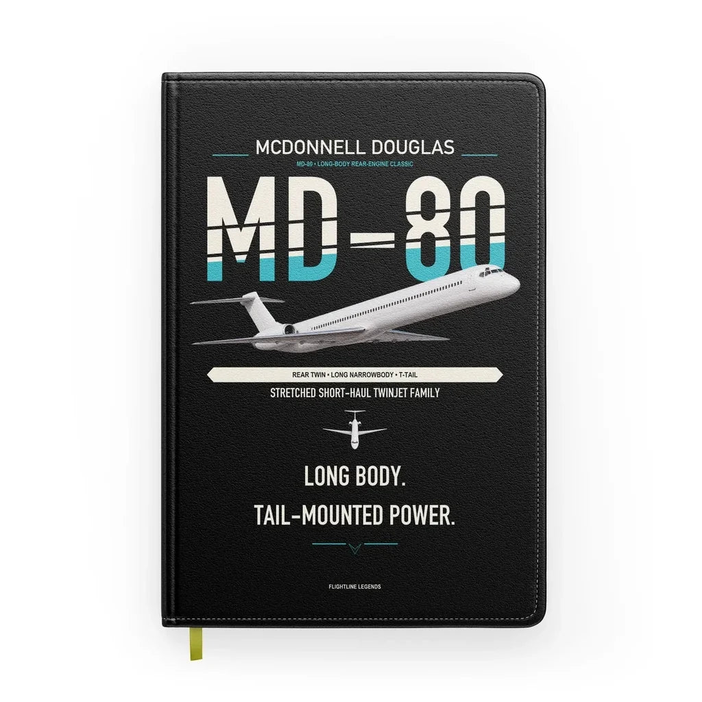McDonnell Douglas MD-80 design on black notebook