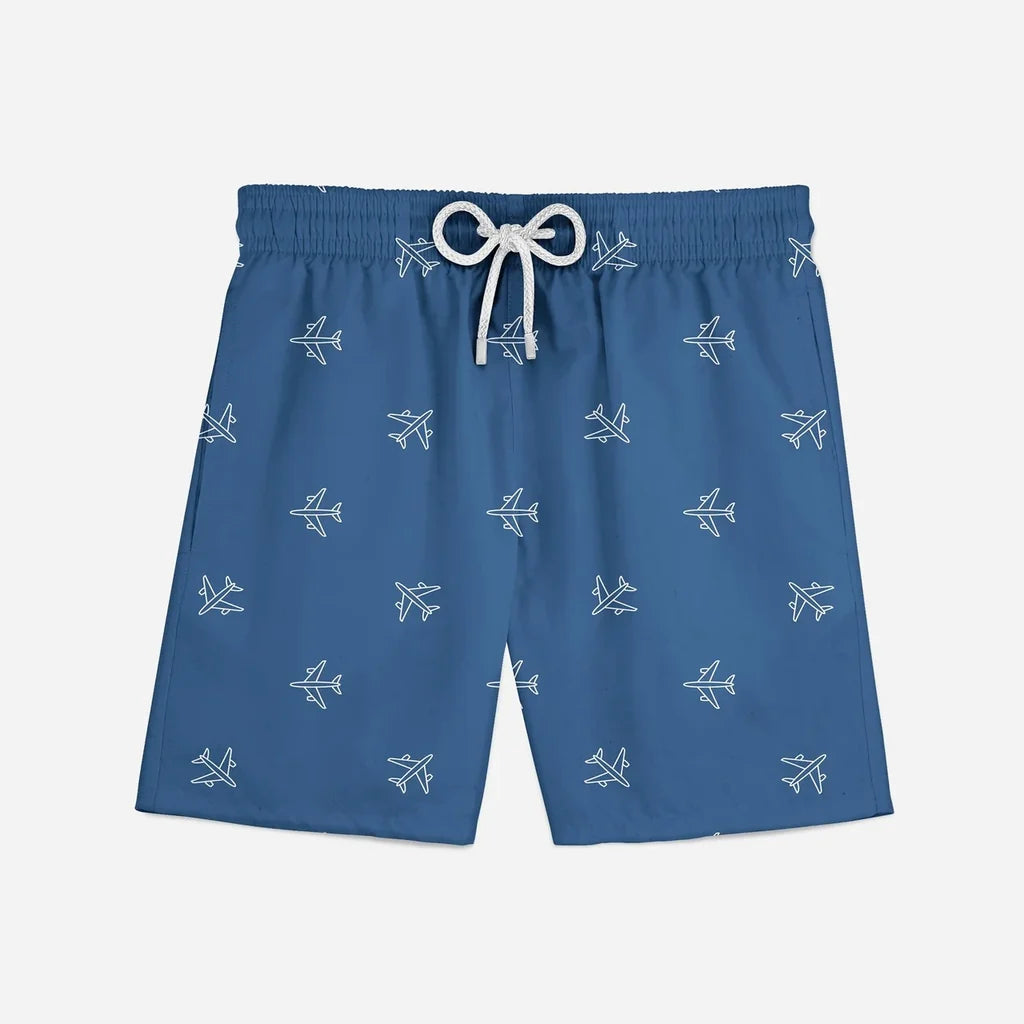 Nice Airplanes aviation print swim trunks, quick-dry polyester.