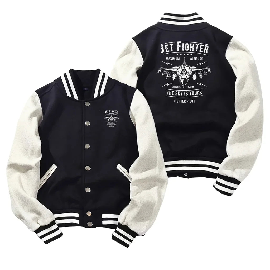 Jet Fighter - The Sky is Yours Baseball Style aviation design printed on two-tone shell with ribbed cuffs baseball jacket.