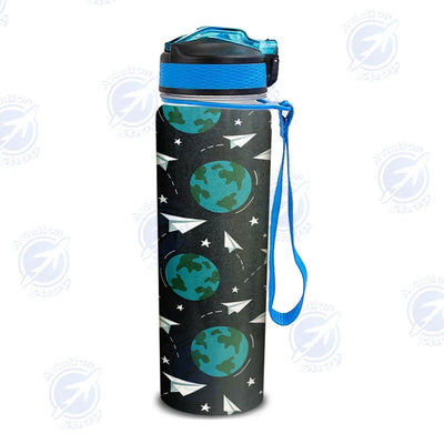 Paper Planes & Earth Sports aviation design on sport kettle, insulated bottle with sport spout.