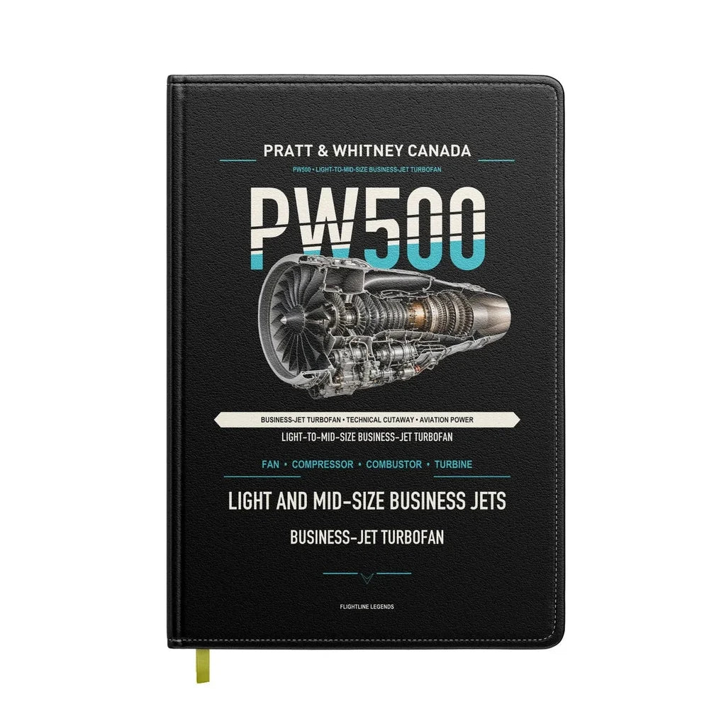 PW500 design on black notebook