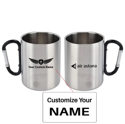 Air Astana aviation design on outdoor mug, durable insulated construction.