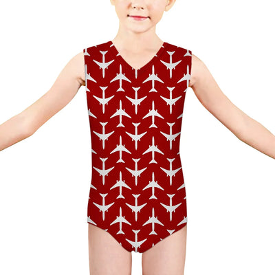 Perfectly Sized Seamless Airplanes Red aviation print on kids quick-dry fabric swimsuit.
