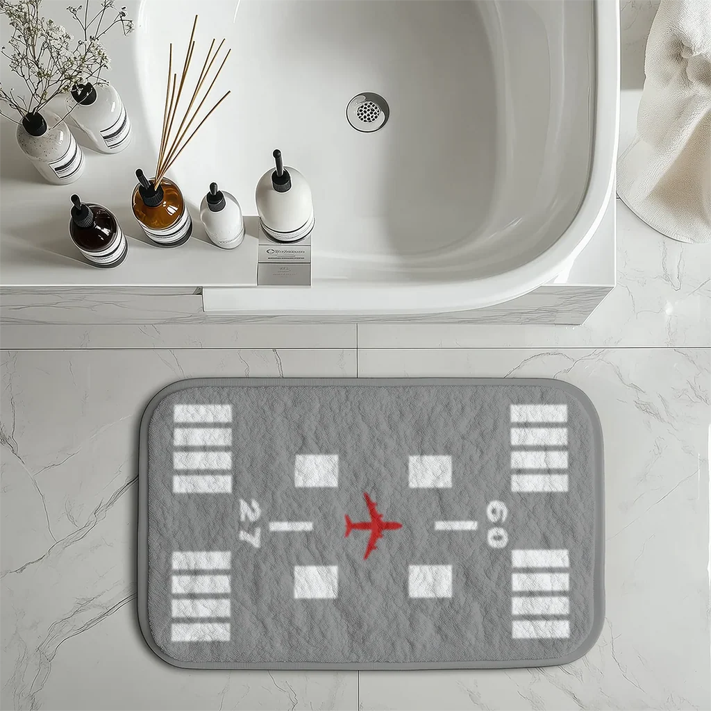 Special Runway (Gray) aviation print bath mat, soft absorbent fabric with non-slip backing.