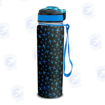 Many Airplanes Black Sports aviation design on sport kettle, insulated bottle with sport spout.