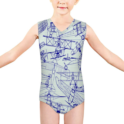 Amazing Drawings of Old Aircrafts aviation print on kids quick-dry fabric swimsuit.