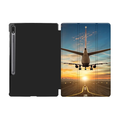 Airplane over Runway Towards the Sunrise aviation themed tablet case for Samsung tablet.