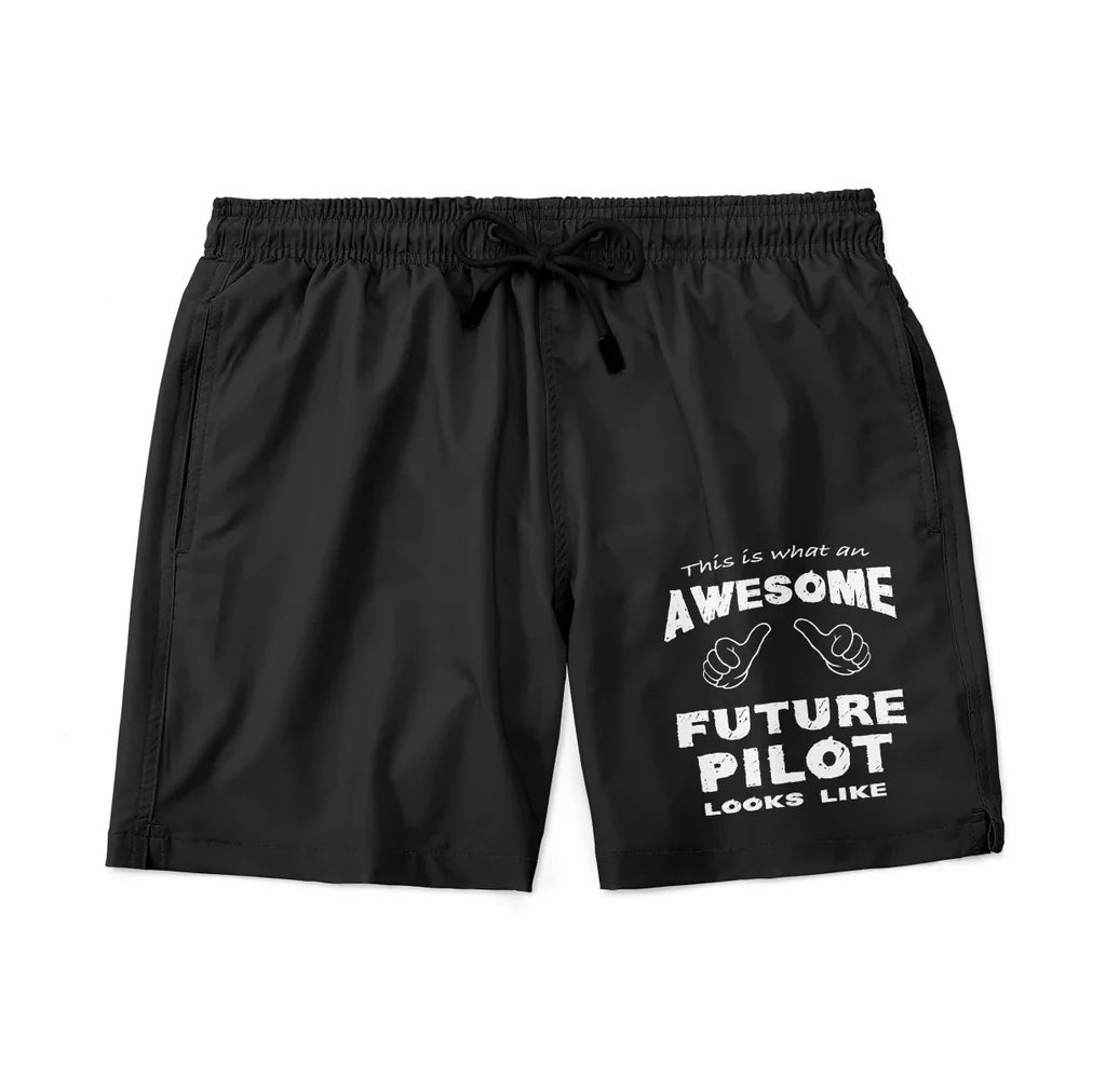 Future aviation design on quick-dry polyester swim trunks.