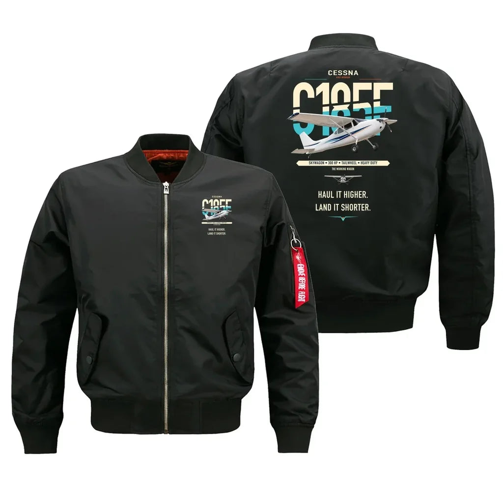 Cessna A185F Skywagon design on black bomber jacket, double-side print