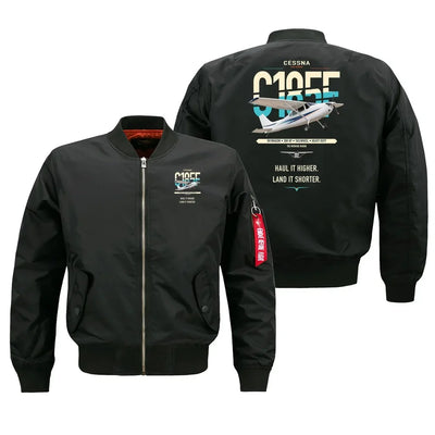 Cessna A185F Skywagon design on black bomber jacket, double-side print