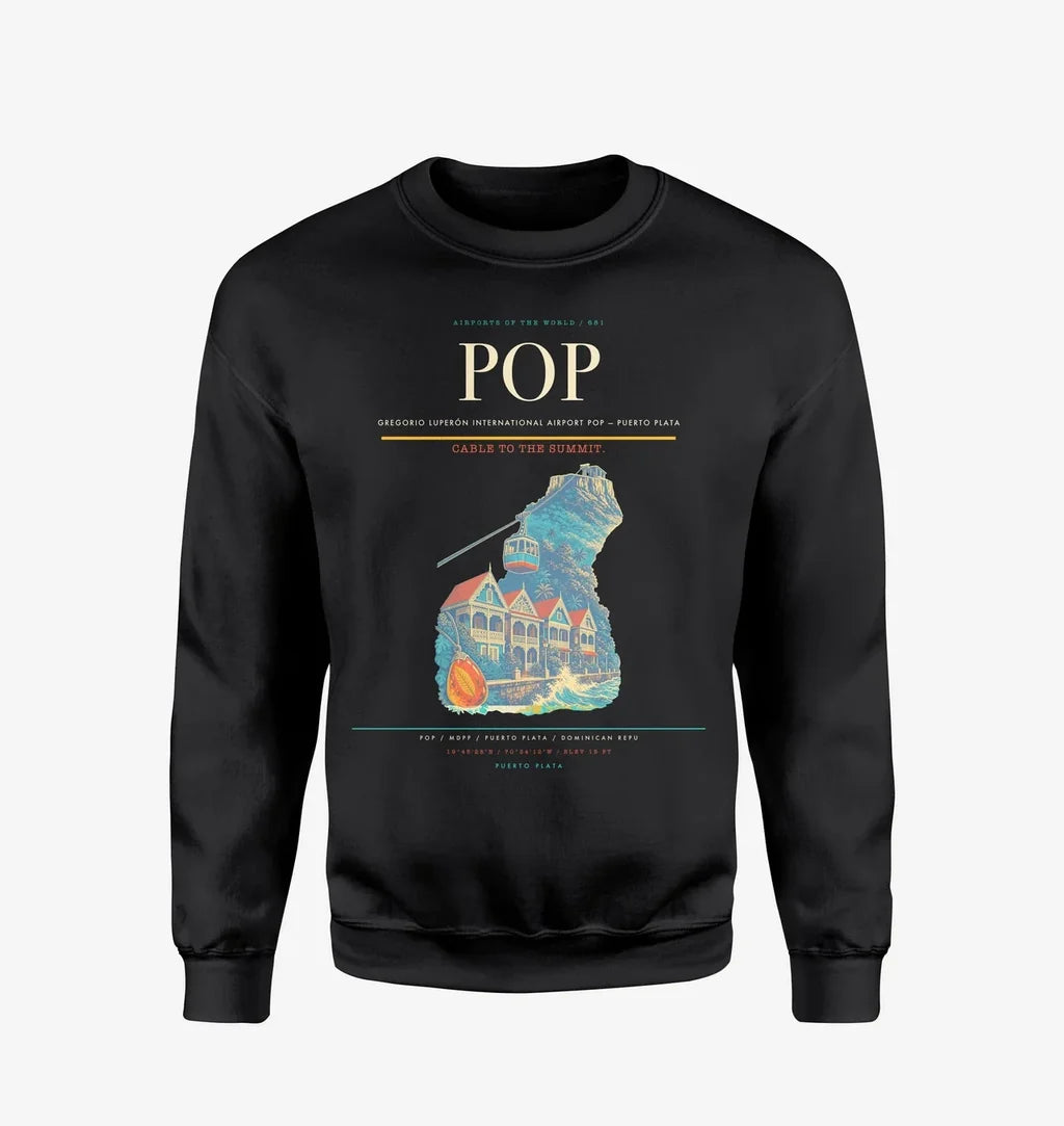 Gregorio Luperón International Airport (POP) design on black sweatshirt