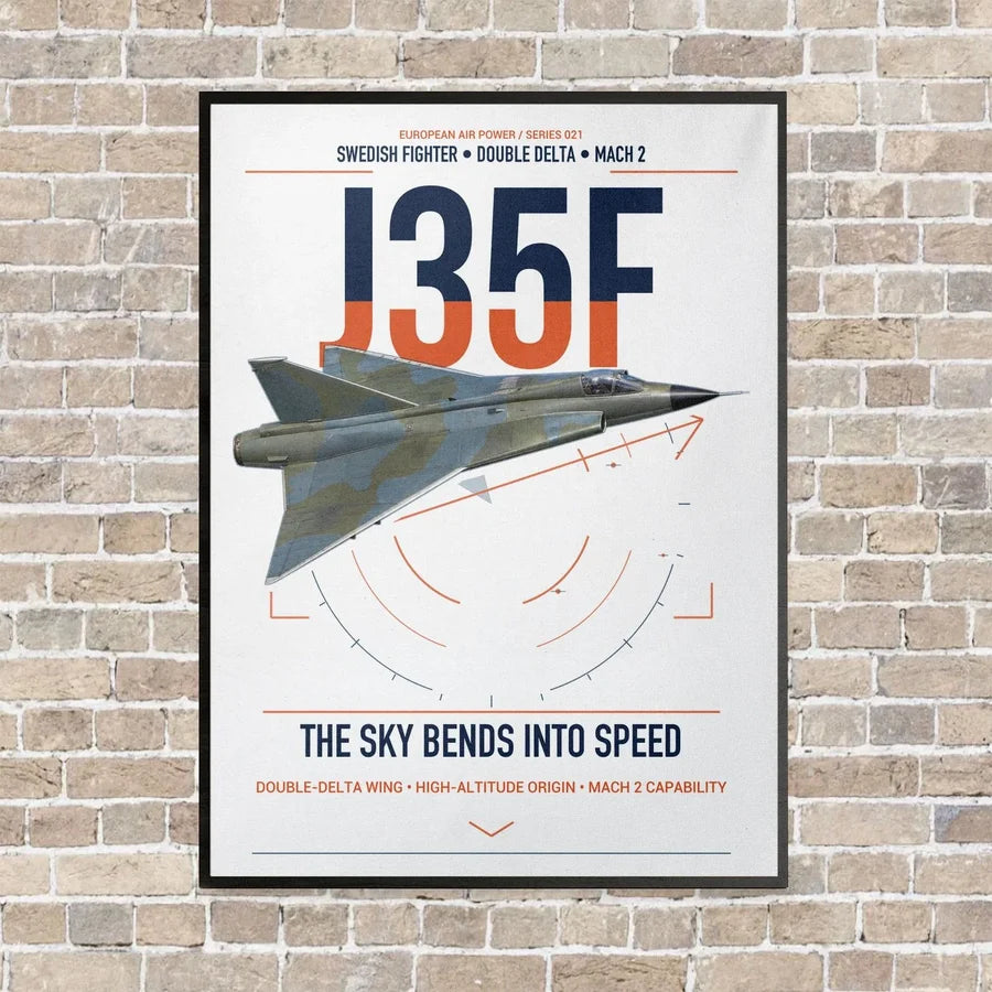 Saab J 35F Draken vertical canvas print - framed - white background