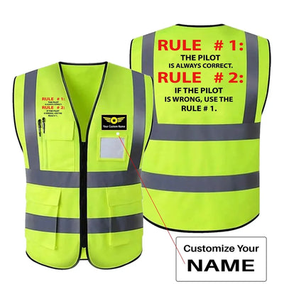 Rule 1 - Pilot is Always Correct aviation design printed on high-visibility reflective fabric reflective vest.