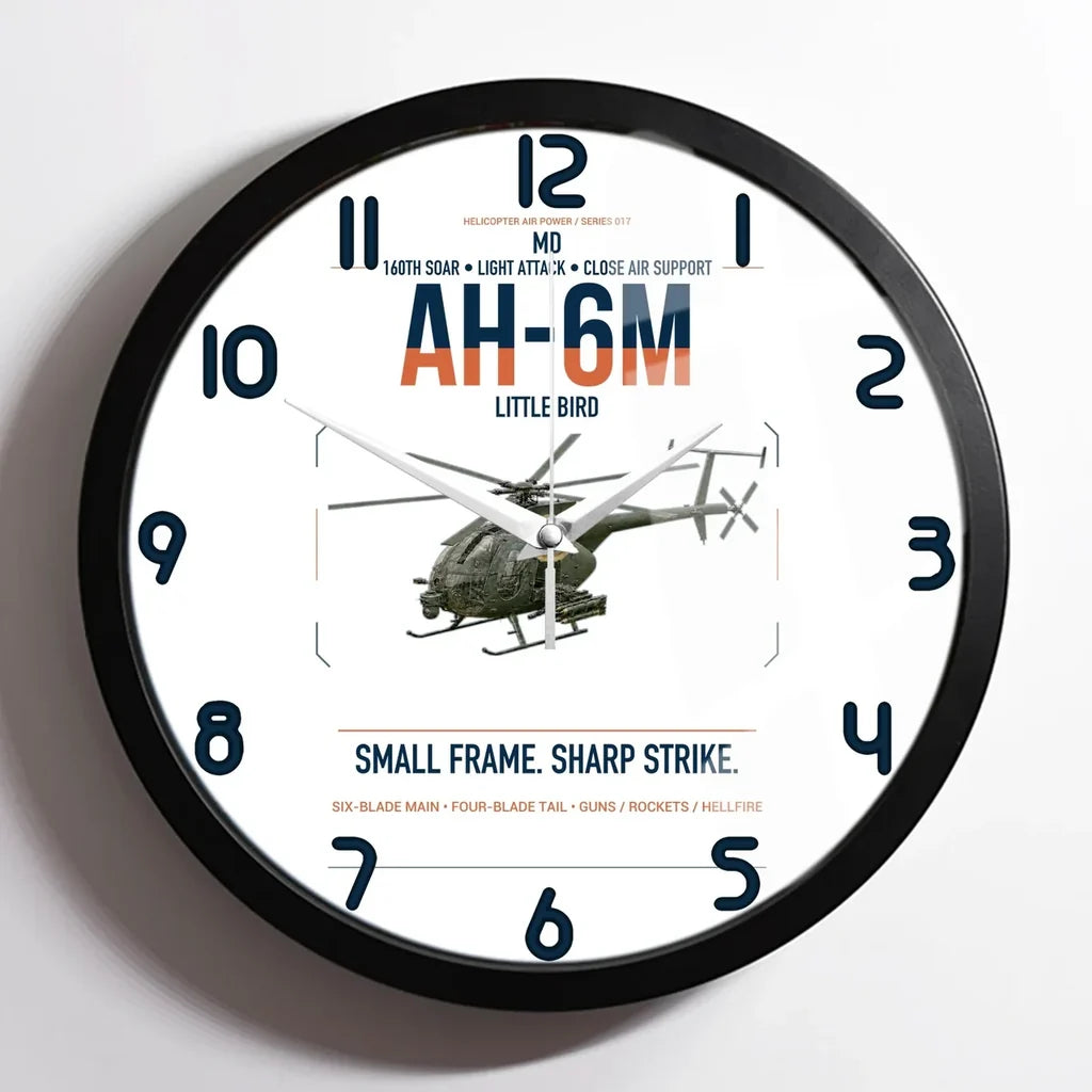 MD AH-6M Little Bird design on white framed wall clock