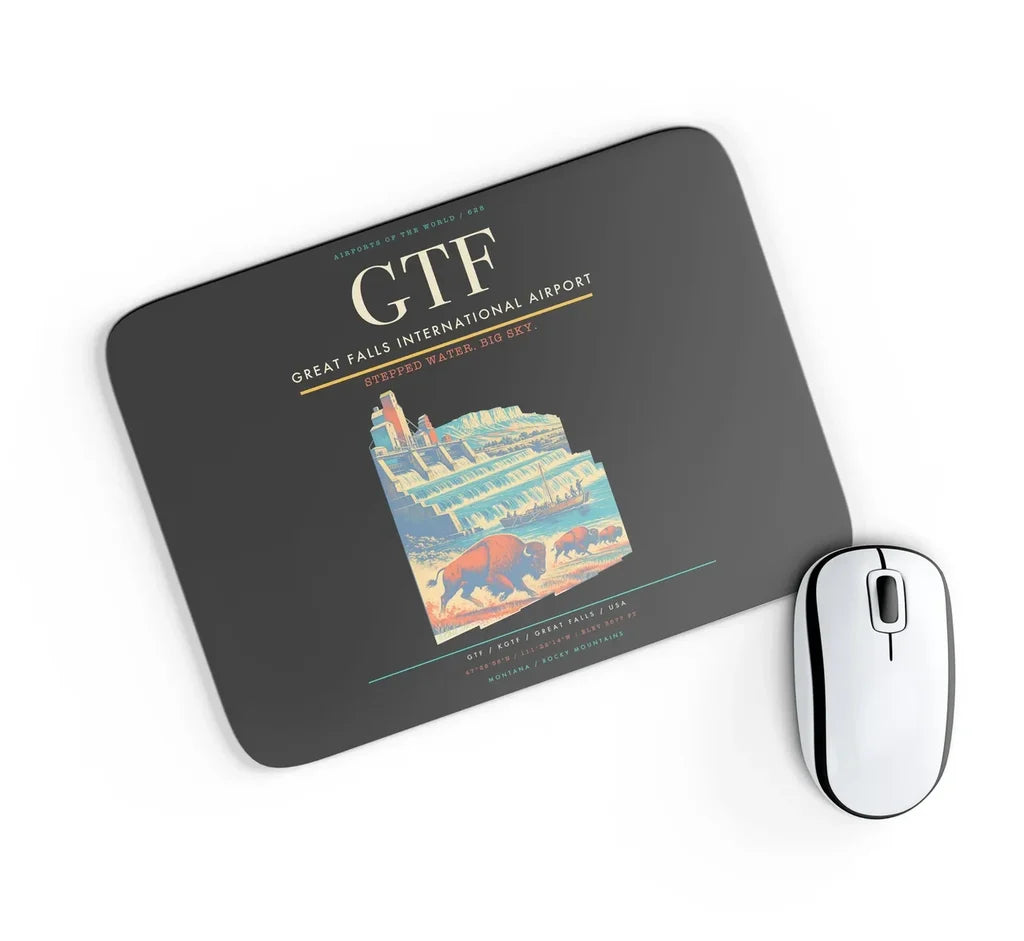 Great Falls International Airport (GTF) design on black rectangle mouse pad